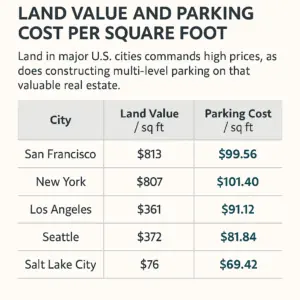 Infographic table comparing parking structure construction costs per square foot in major U.S. cities — New York City ($101.40), San Francisco ($99.56), Los Angeles ($91.12), Seattle ($81.84), and Salt Lake City ($69.42) — based on the Parking Structure Cost Outlook 2021 report by Carl Walker, a division of WGI.