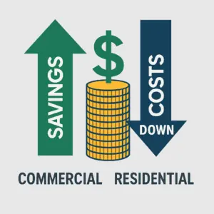 Illustration showing semi-automated parking benefits with green arrow labeled “Savings Up” and red arrow labeled “Costs Down” for commercial and residential use.